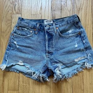 Agolde Frayed Light Blue Distressed Denim Shorts